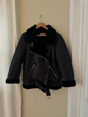 Zara AFTF Basic Faux Leather Shearling Lined Biker Aviator Jacket